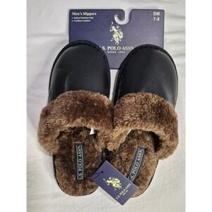 U.S. Polo Assn. Men's Faux Leather Slippers with Fuzzy Lining, Size S (7-8) New